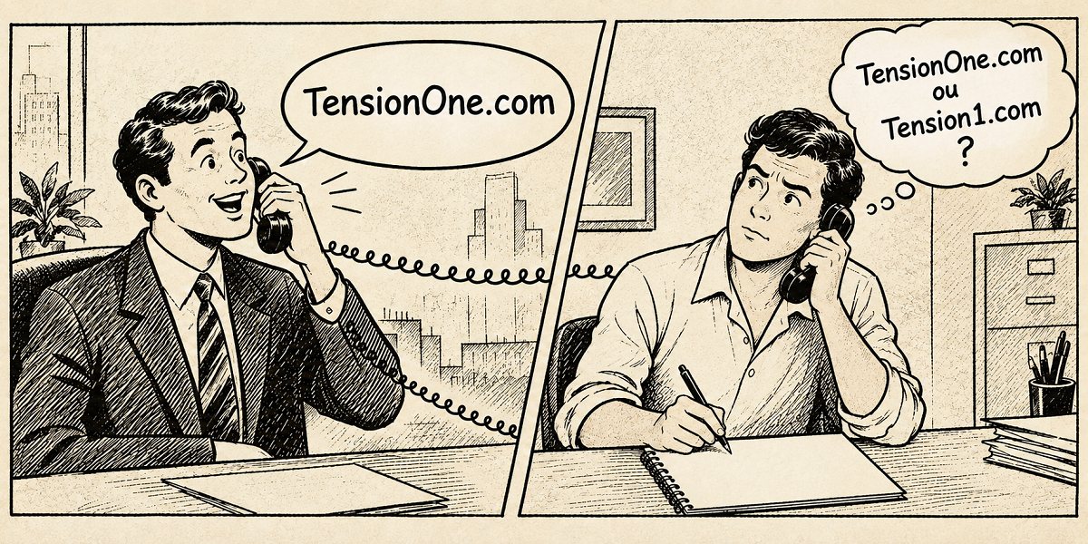 Comic illustration demonstrating the domain name phone test with spelling confusion between TensionOne.com and Tension1.com