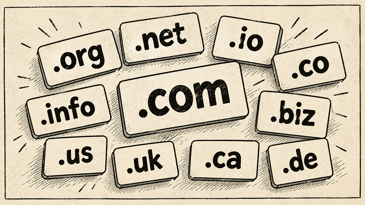 Illustration of various domain extensions like .com, .net, .org, and .io for brandable domain names
