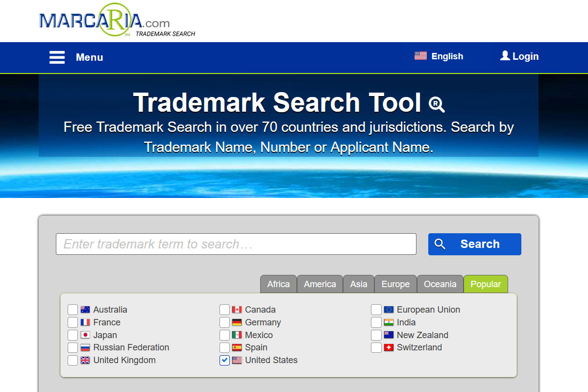 Marcaria online trademark search tool interface used to verify brand name availability before domain acquisition