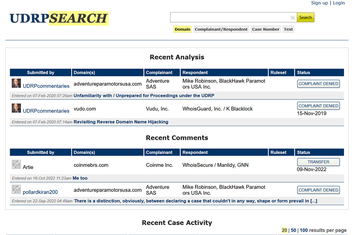 Screenshot of UDRPSearch interface listing historical UDRP domain disputes and legal case decisions