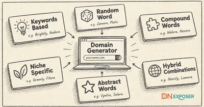 Diagram illustrating the 6 brandable domain name generator categories reviewed by a naming consultant