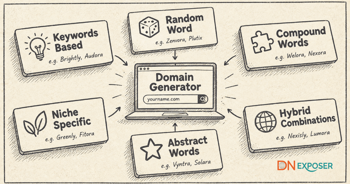 Diagram illustrating the 6 brandable domain name generator categories reviewed by a naming consultant