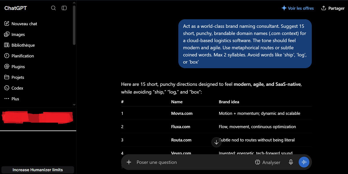 ChatGPT prompt interface as an example of an AI prompt-based brandable domain name generator