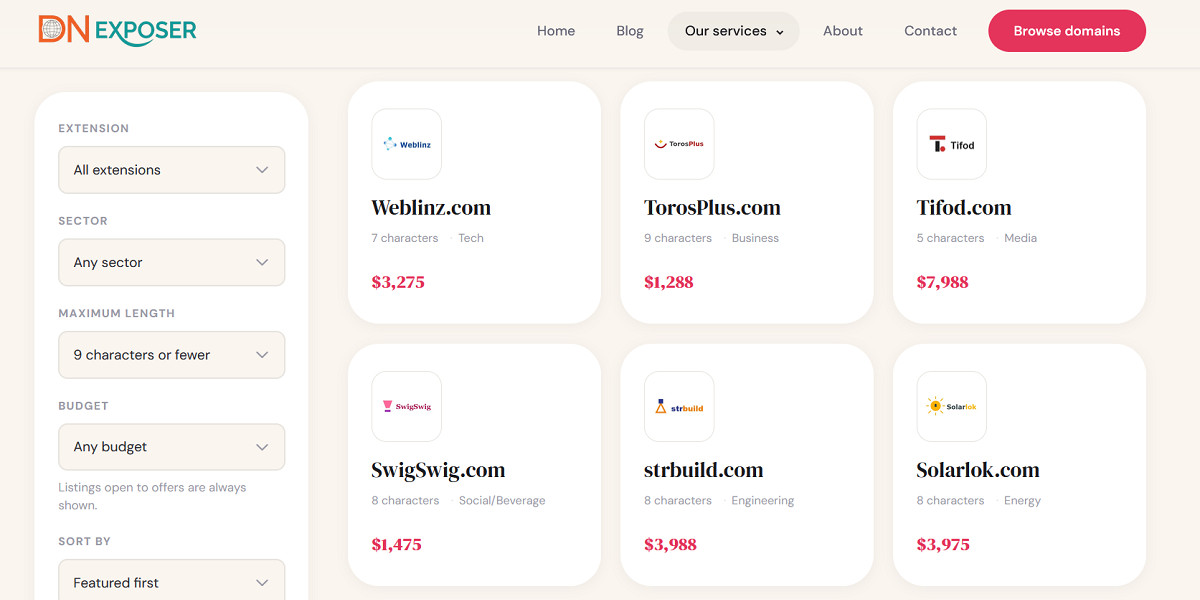 DN Exposer marketplace interface as an example of an aftermarket and curated domain discovery tool