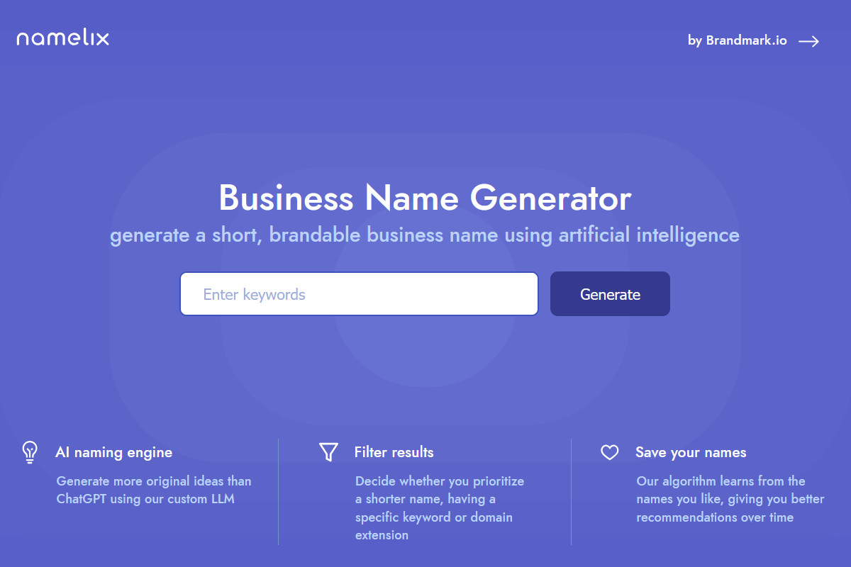 Namelix interface as an example of a random coined word brandable domain name generator