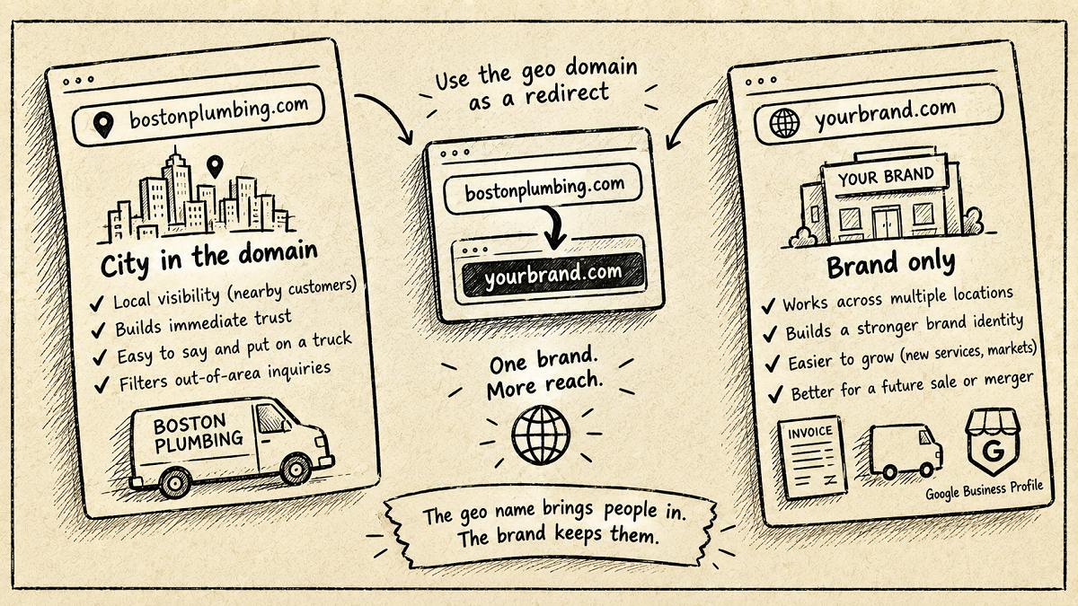 Comparison diagram showing the trade-offs between including a city name in a local business domain name versus using a brand-only domain name.