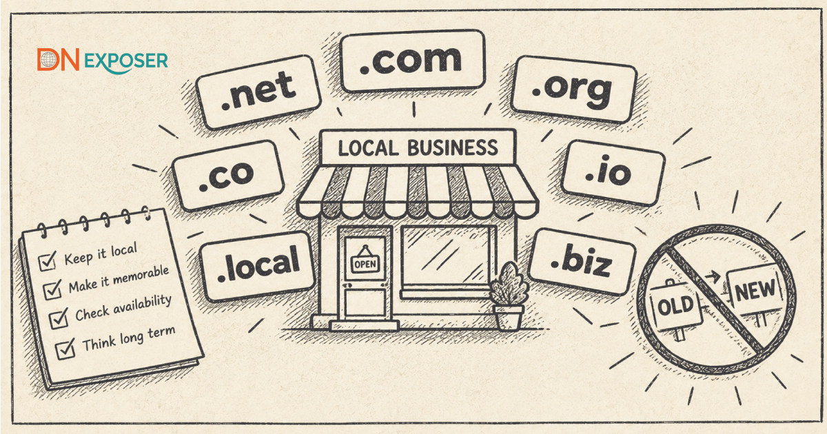 Illustration of a local business storefront surrounded by domain extensions like .com and .net, alongside a selection checklist