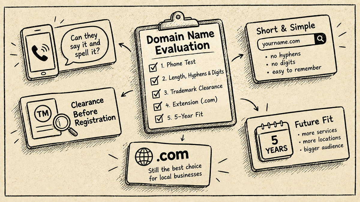 Infographic detailing evaluation criteria for choosing a local business domain name, including phone test, length, trademark clearance, .com extension, and future growth fit.