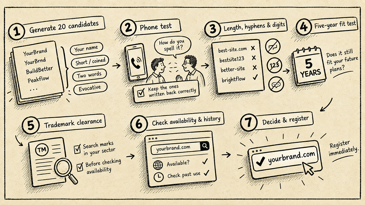 Infographic illustrating a 7-step practical decision process to select a local business domain name, from generating candidates to final registration.