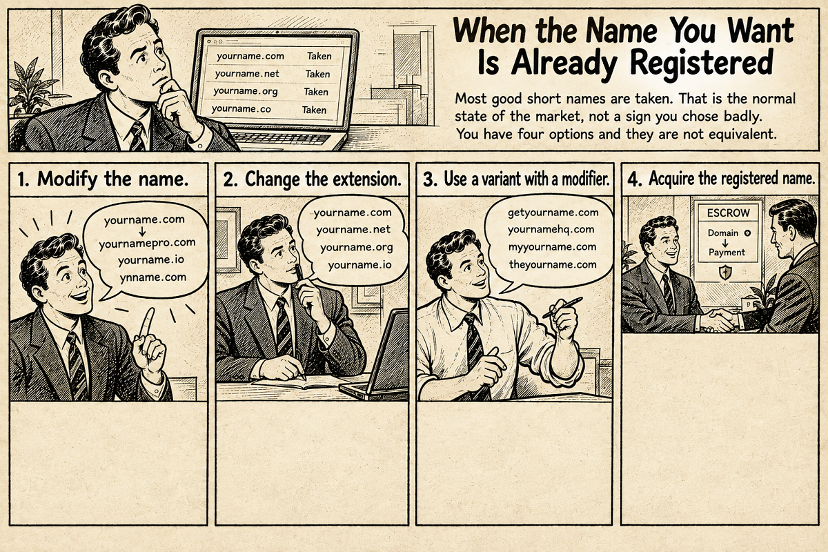 Infographic outlining 4 options when a desired local business domain name is already registered: modify the name, change extension, use a modifier, or acquire the name.