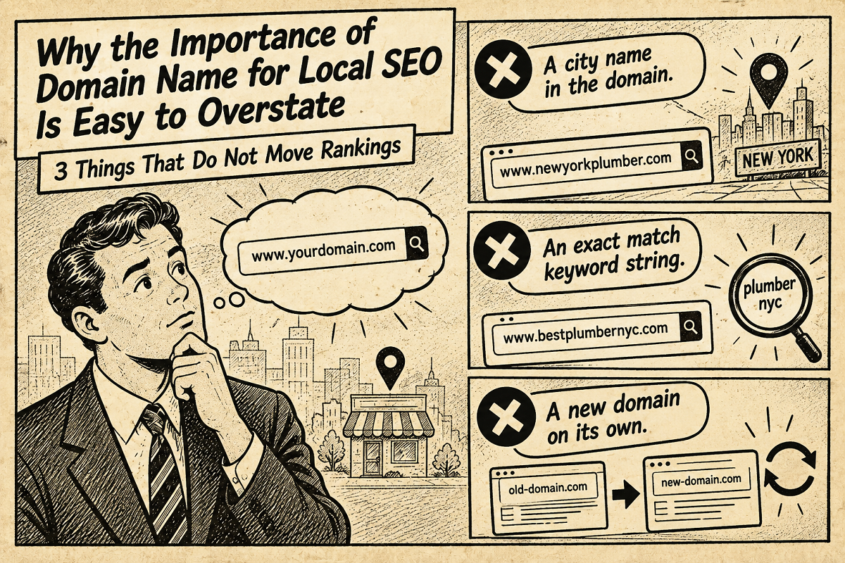 Vintage style illustration highlighting 3 domain name factors that do not improve local SEO rankings
