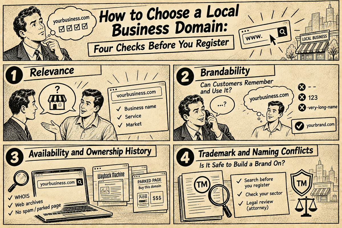 Vintage style diagram illustrating 4 checks before choosing a local business domain name including relevance, brandability, history, and trademarks