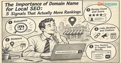 Local business owner reviewing the importance of domain name for local SEO on a laptop