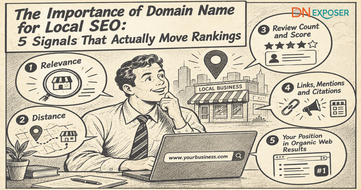 Local business owner reviewing the importance of domain name for local SEO on a laptop
