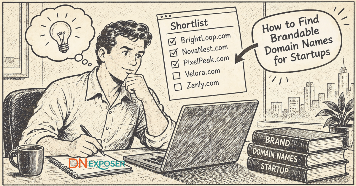 Illustration of a startup founder reviewing a shortlist of brandable domain names on a laptop