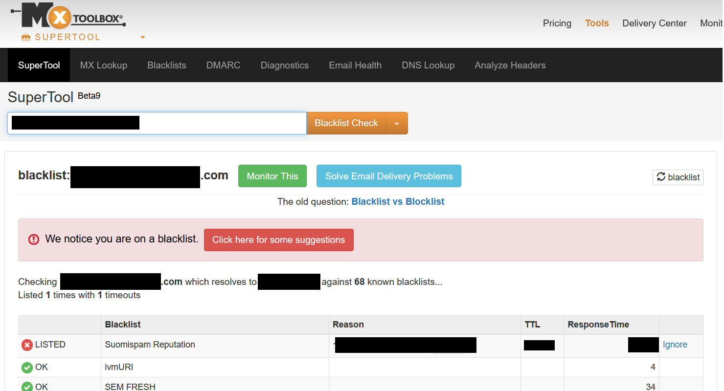 MXToolbox email blacklist lookup showing a candidate domain name flagged for spam
